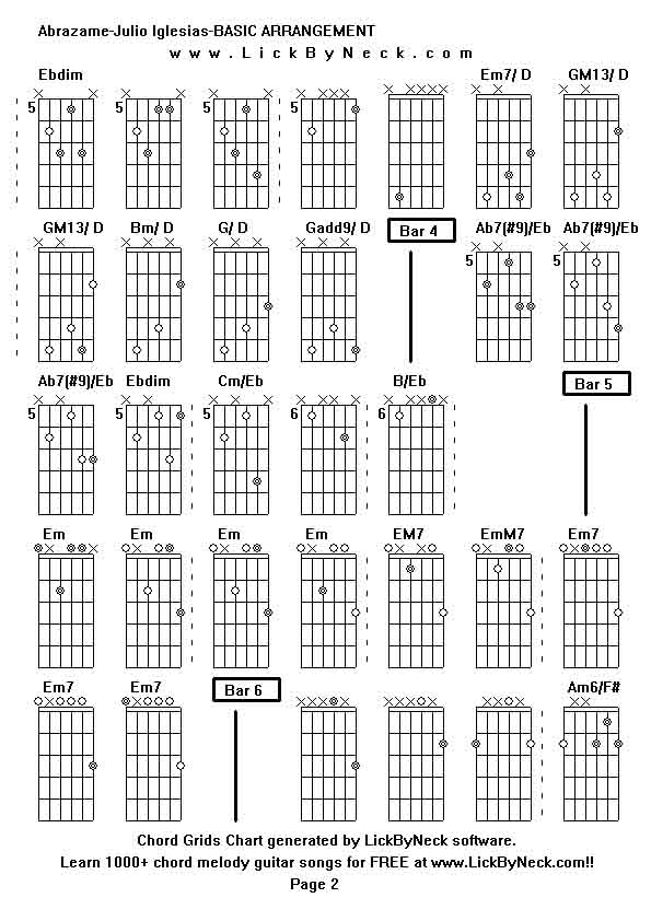 Chord Grids Chart of chord melody fingerstyle guitar song-Abrazame-Julio Iglesias-BASIC ARRANGEMENT,generated by LickByNeck software.